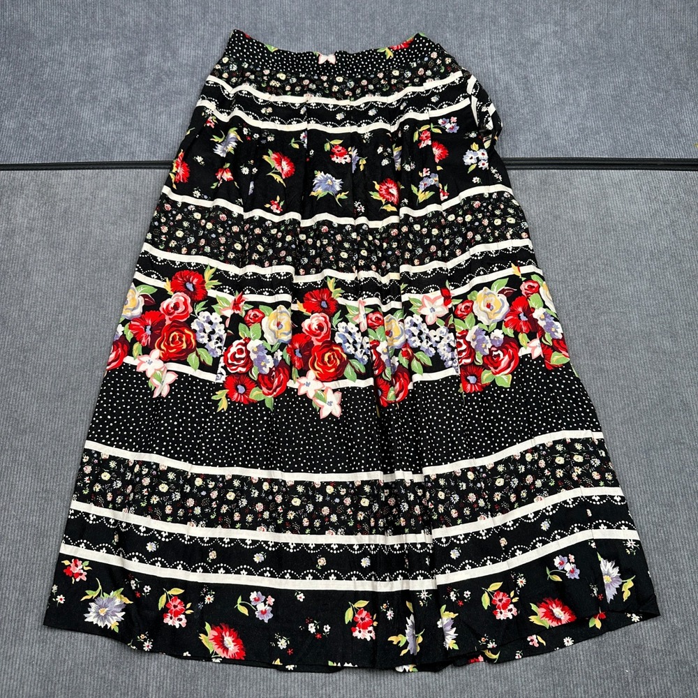 Koret Vintage Floral Polka Dot Maxi Skirt Black Rayon Tiered Boho Size 8